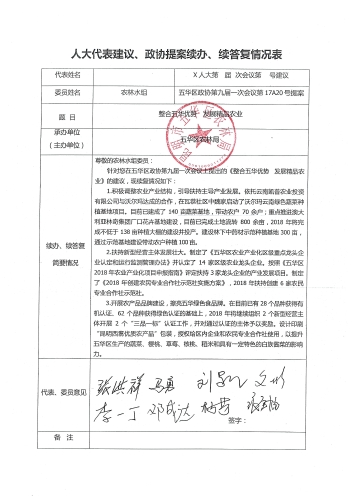 第17A20号提案(农林水组）整合五华优势 发展精品农业续办续答复情况表