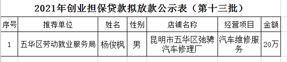 五华区劳动就业服务局2021年个人创业担保贷款贷前公示 ---【2021】第（13）号 中国科学网www.minimouse.com.cn