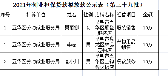 五华区劳动就业服务局2021年个人创业担保贷款贷前公示 ---【2021】第（39）号 中国科学网www.minimouse.com.cn