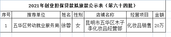 五华区劳动就业服务局2021年个人创业担保贷款贷前公示 ---【2021】第（64）号 中国科学网www.minimouse.com.cn