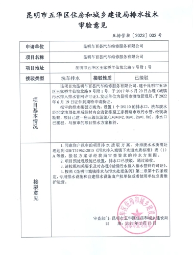 2五华区住建局关于对王家桥羊仙坡北路9号附1号昆明车百荟汽车维修服务有限公司排水技术审验意见