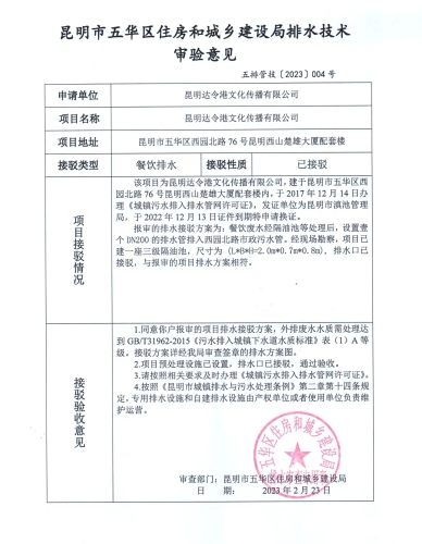 4.五华区住建局关于对西园北路76号昆明西山楚雄大厦配装楼昆明达令港文化传播有限公司排水技术审验意见