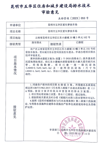 53昆明市五华区住房和城乡建设局关于对江东小康城35幢3单元102号爱车梦汽车场排水技术审验意见