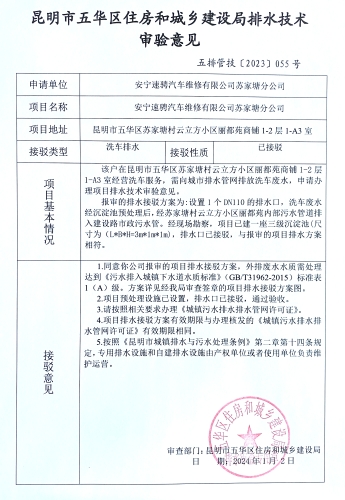 55昆明市五华区住房和城乡建设局关于对苏家塘村云立方小区丽都苑商铺1-2层1-A3室安宁速骋汽车维修有限公司苏家塘分公司排水技术审验意见