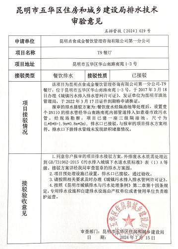 29昆明市五华区住房和城乡建设局关于对华山南路南苑1-3号T9餐厅排水技术审验意见