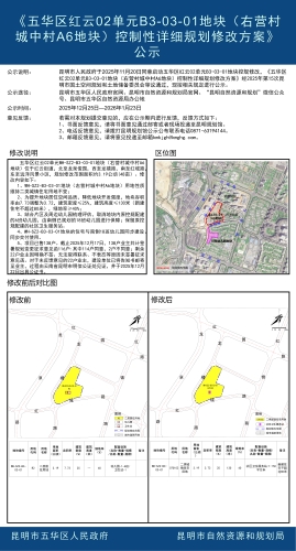 《五华区红云02单元B3-03-01地块（右营村城中村A6地块）控制性详细规划修改方案》公示